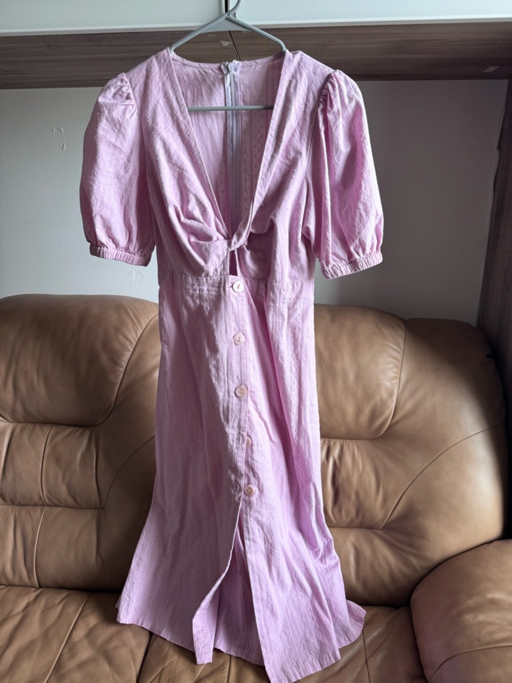Cupshe Light Pink Midi Dress with Puff Sleeves & Front Buttons